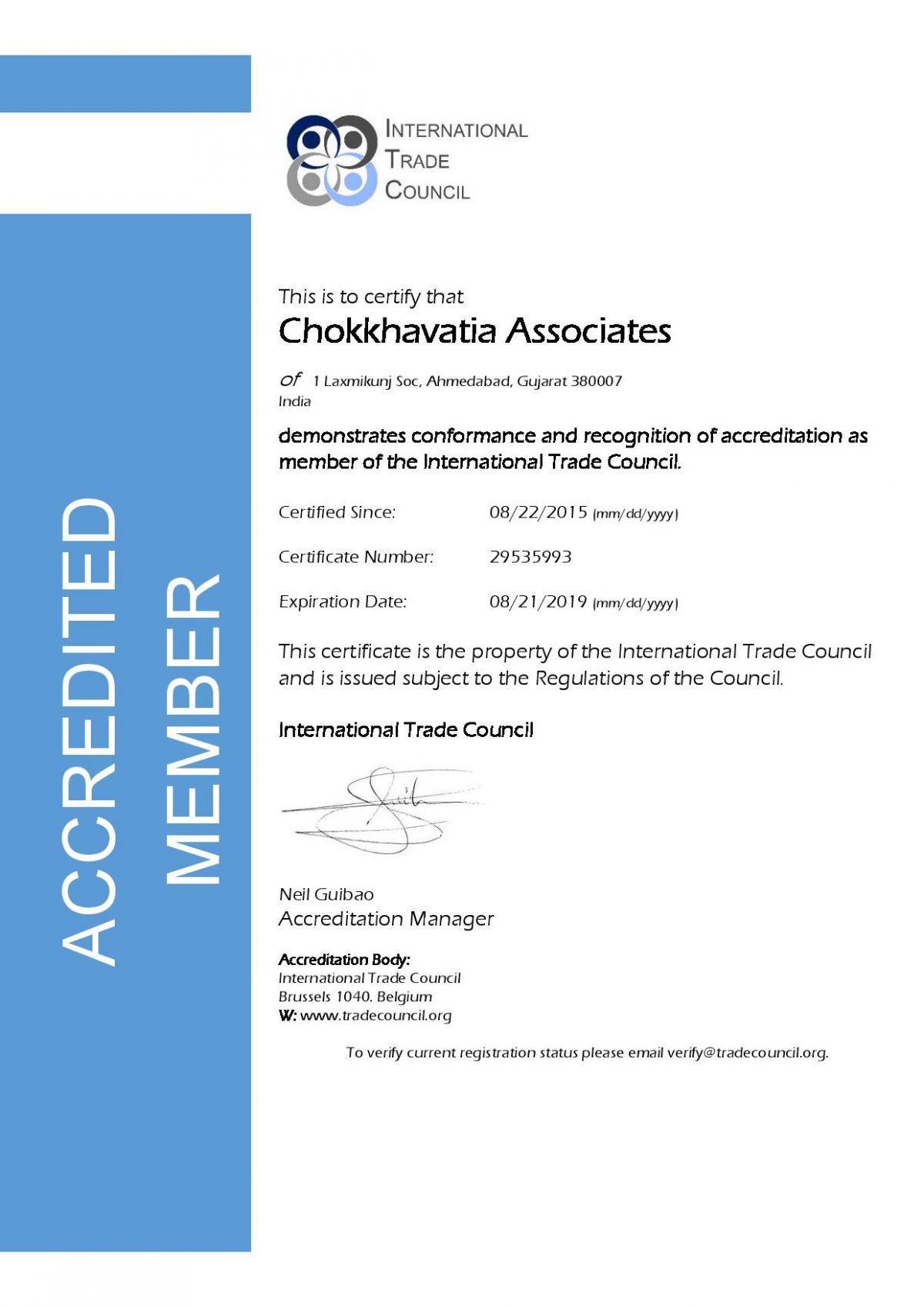 Client Certificates | Chokhavatia Associates